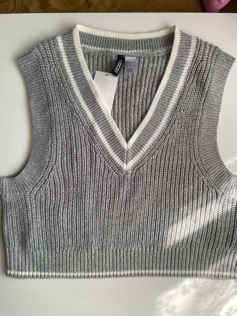 H&M Grey V-Neck Knit Sweater Vest with Cream‎ Trim